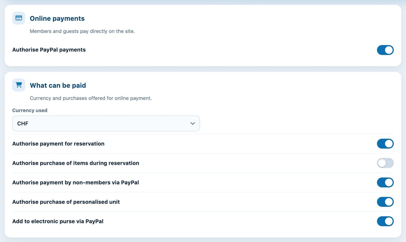Enabling online payments and choosing purchases
