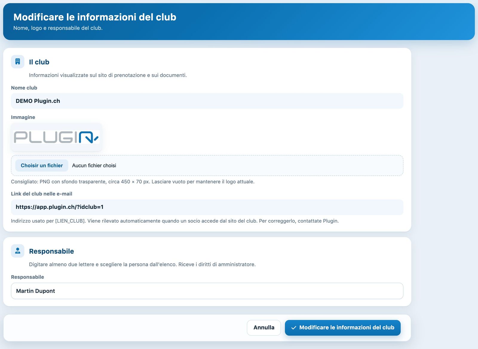 Pagina Modificare le informazioni del club