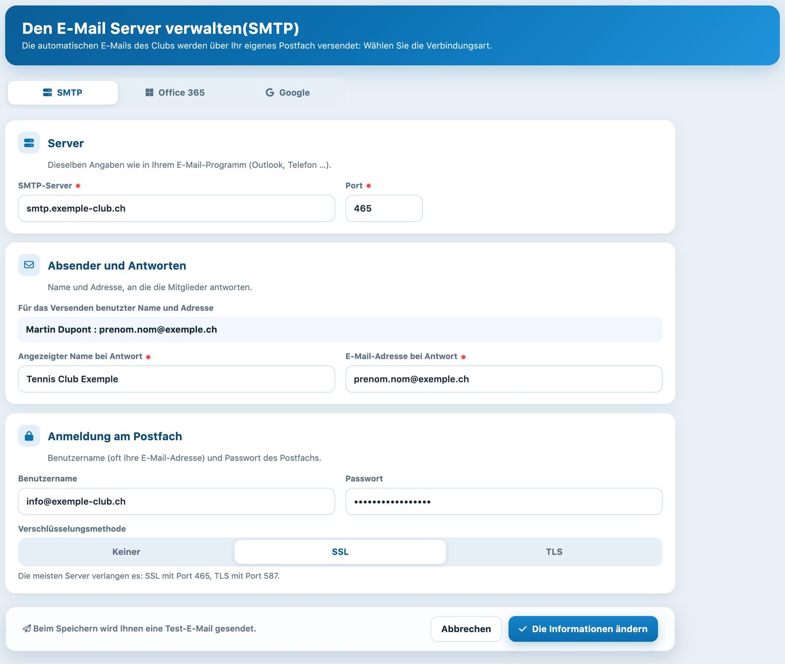 Registerkarte SMTP der Seite für den E-Mail-Versand