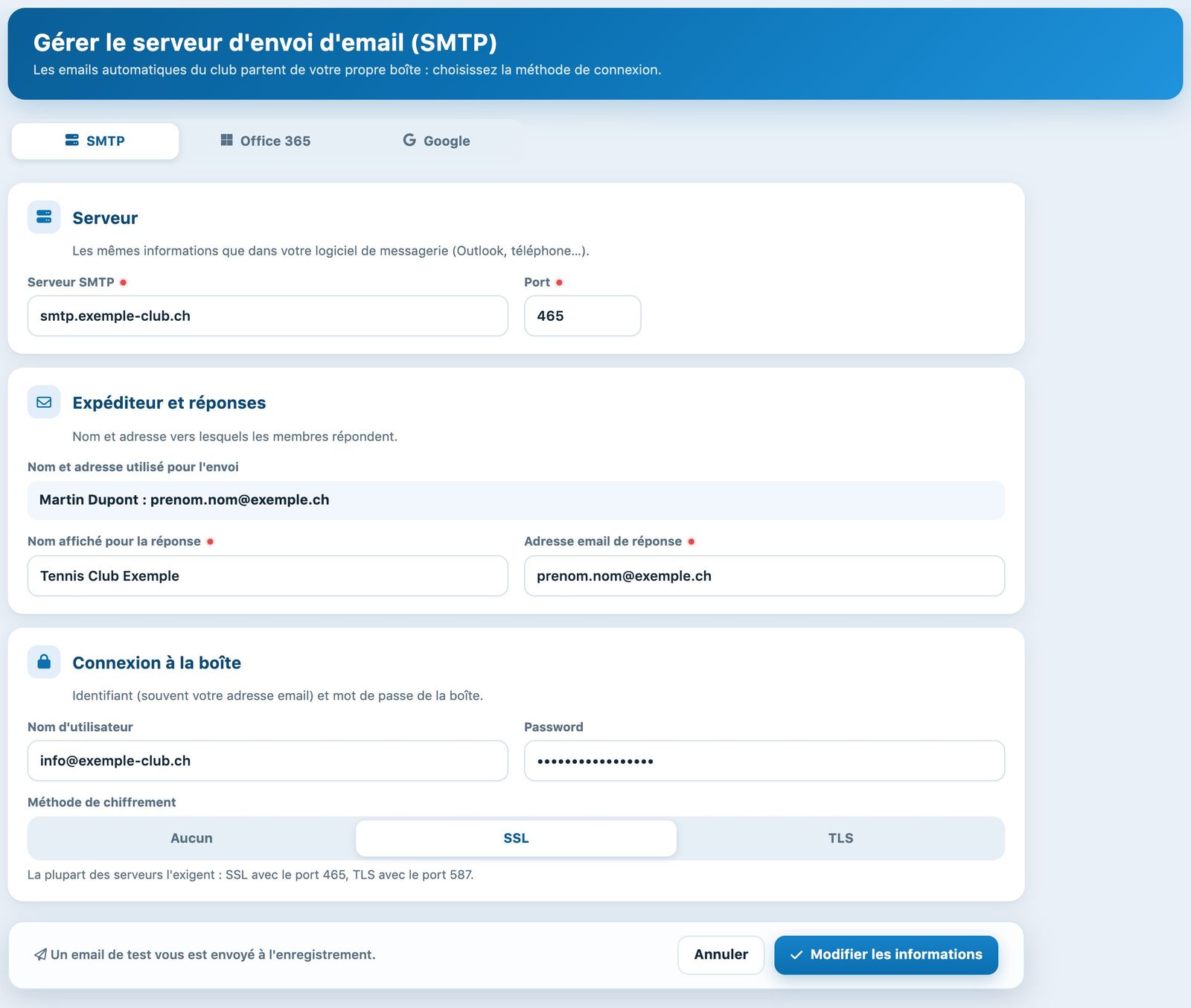 Onglet SMTP de la page d'envoi d'e-mail