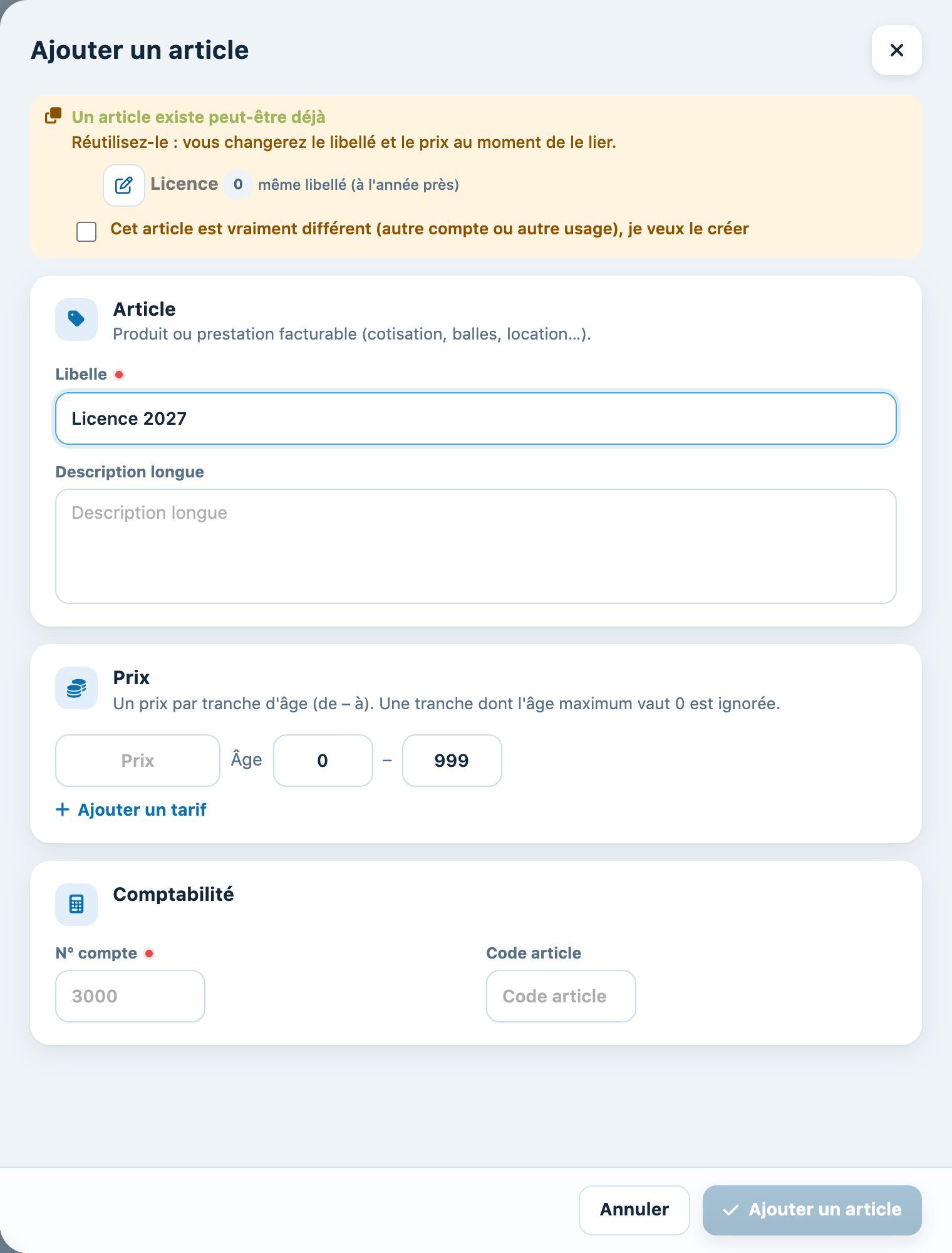 L'avertissement lorsqu'un article semblable existe déjà