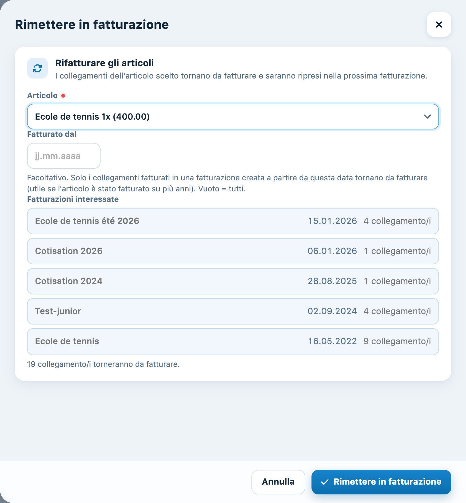 Rimettere in fatturazione i collegamenti di un articolo