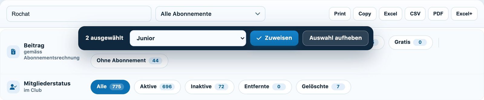 Zwei angekreuzte Mitglieder und die Leiste für die Sammelzuweisung