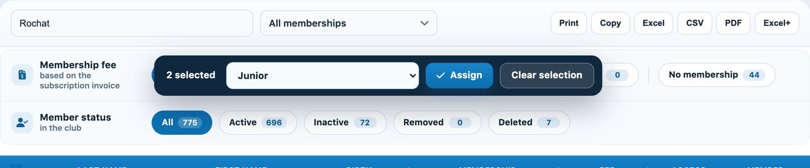 Two members ticked and the bulk assignment bar