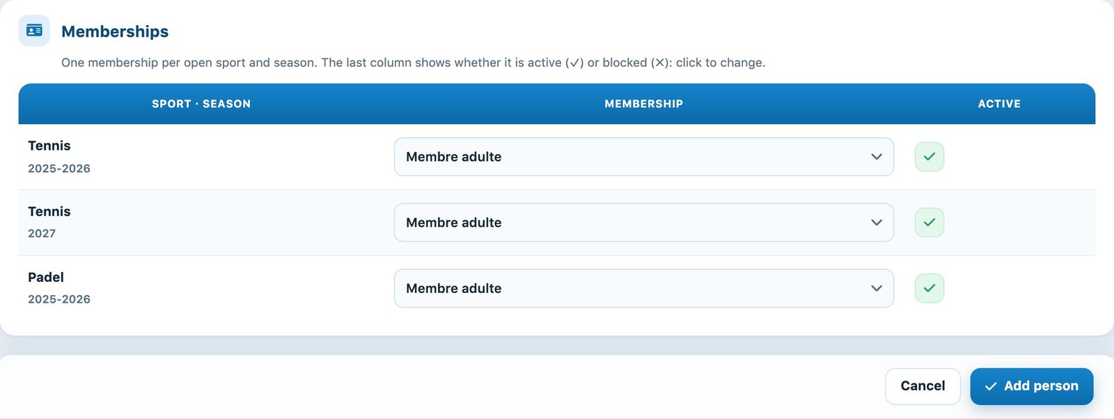 The Memberships section and the Add a person button