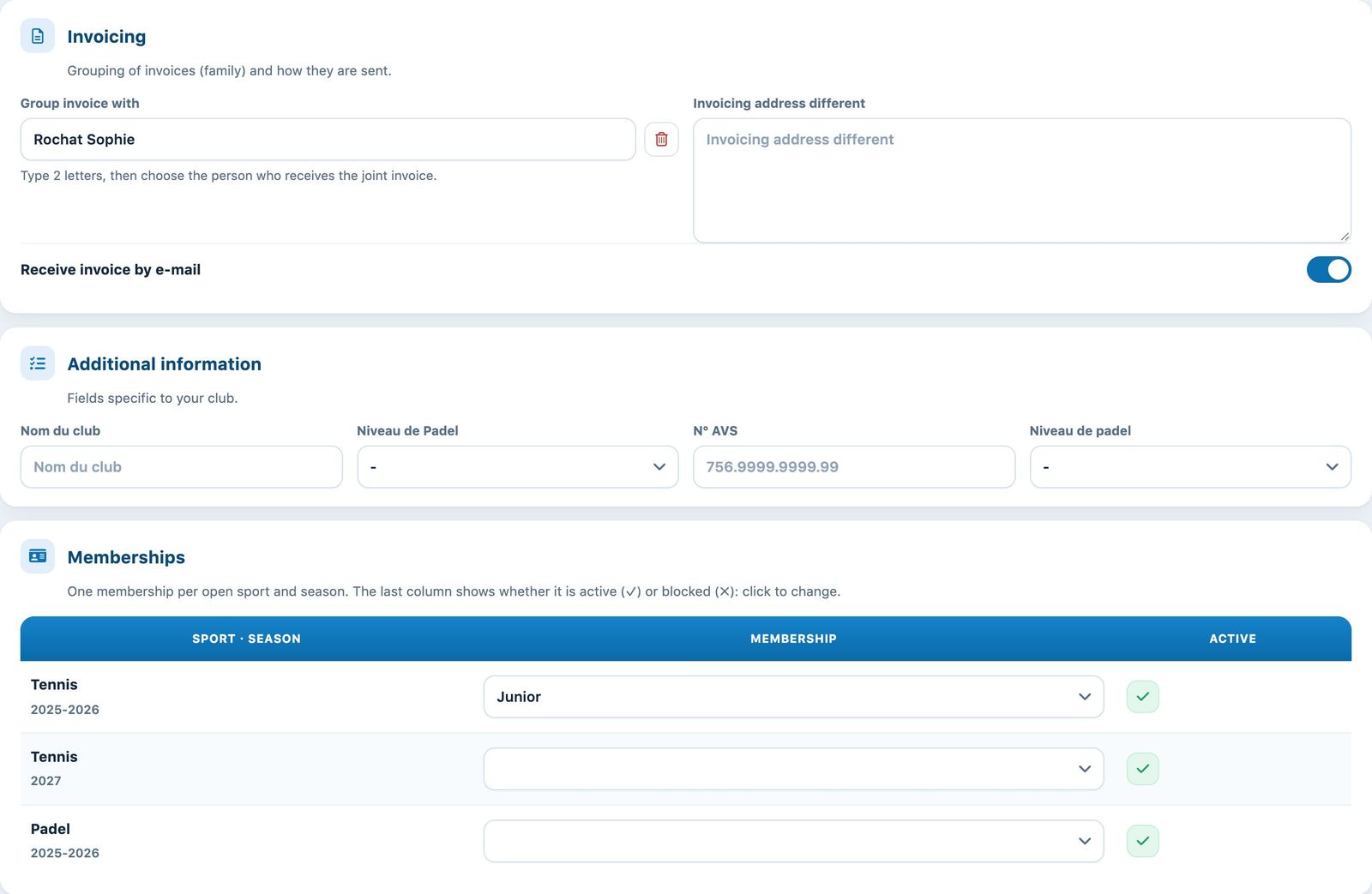 Invoicing, additional information and memberships of a junior invoiced with his mother