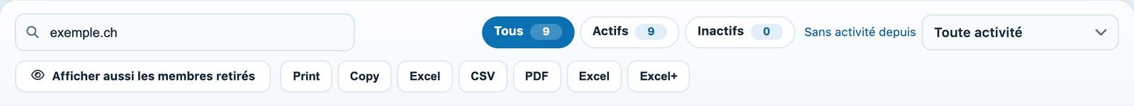 La barre de la liste avec les boutons d'impression et d'export