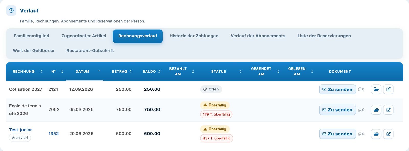 Das Register Rechnungsverlauf