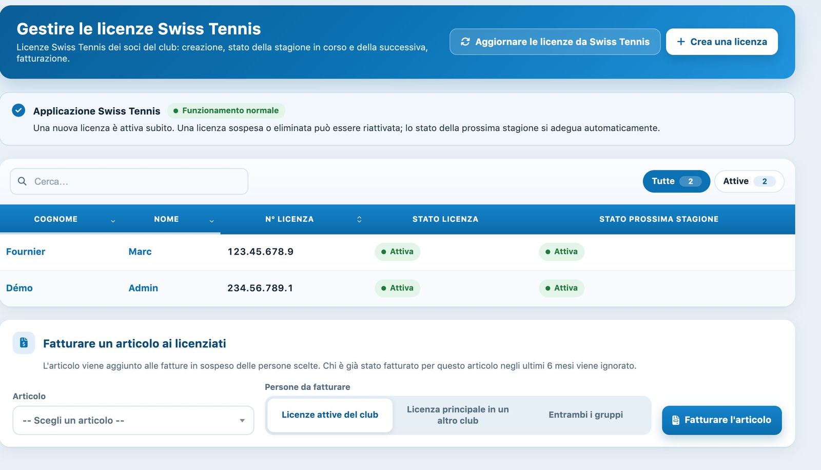 La pagina delle licenze Swiss Tennis