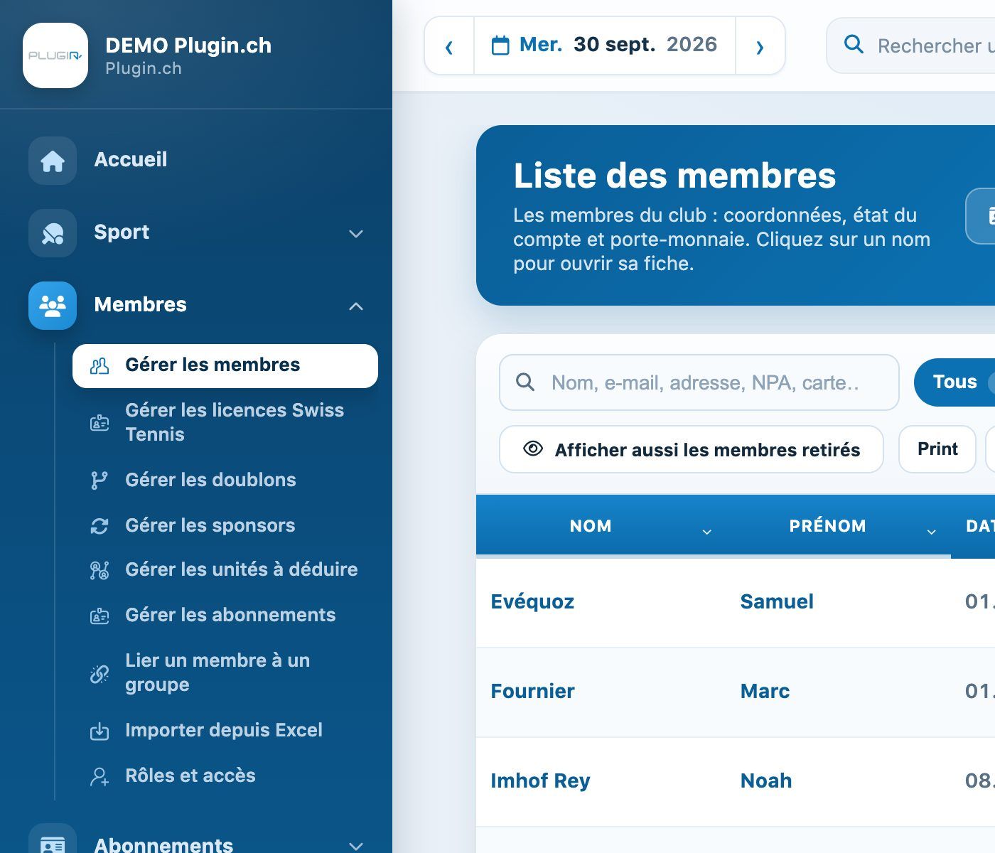Le menu Membres déplié dans le menu de gauche