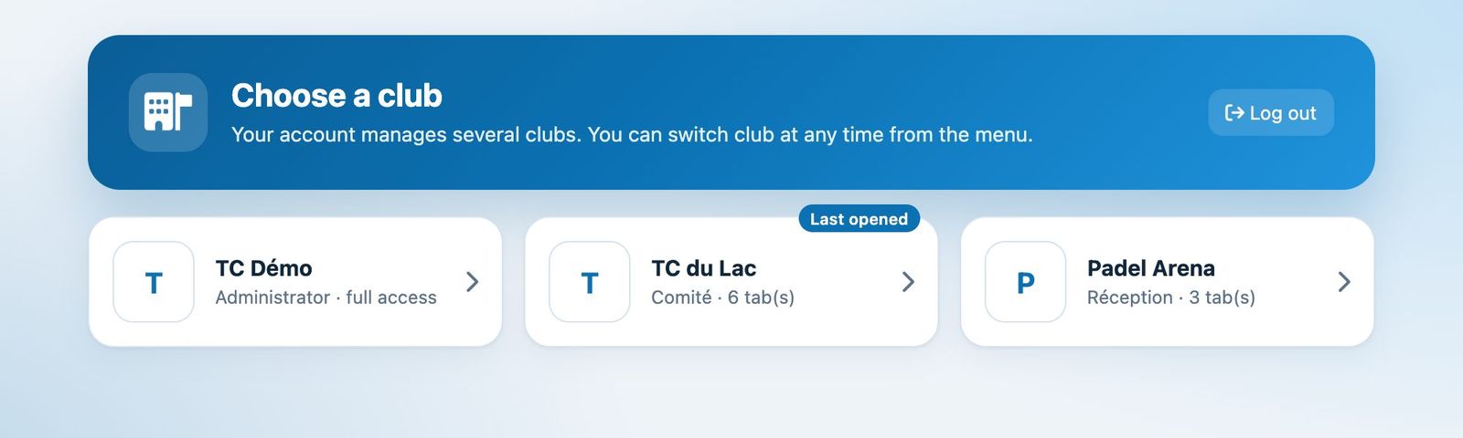 Club selection screen