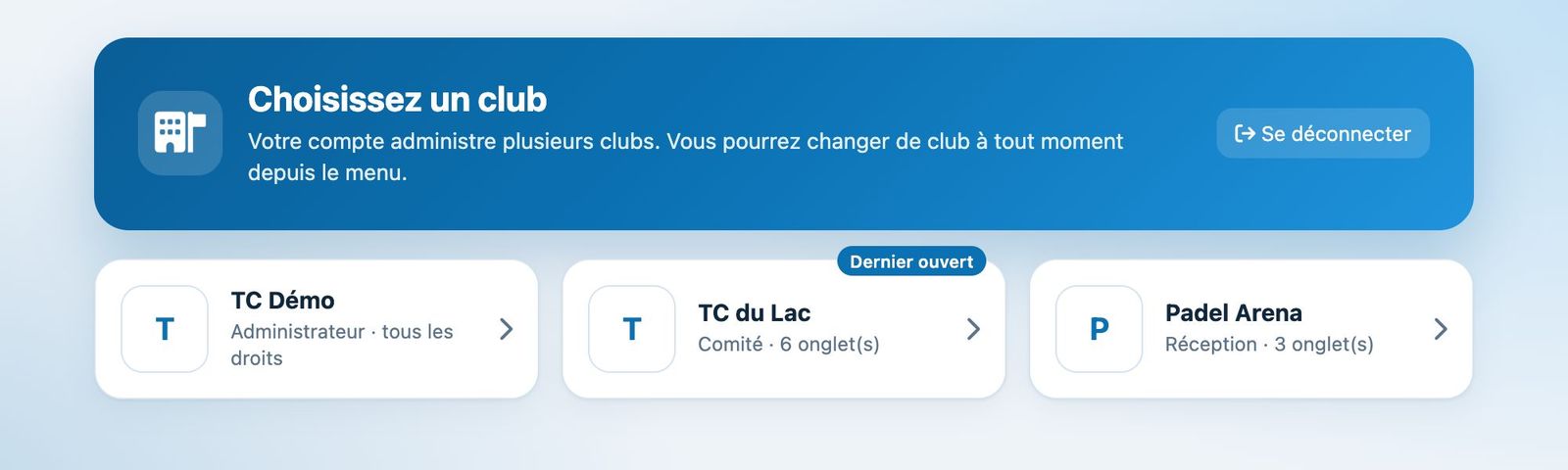 Écran de choix du club