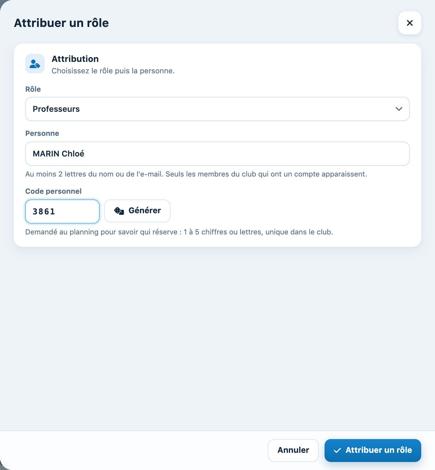 Panneau Attribuer un rôle