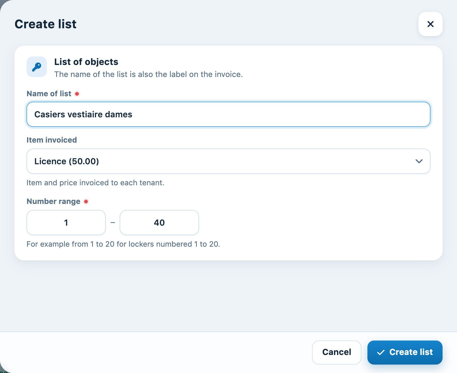 The “Create the list” panel
