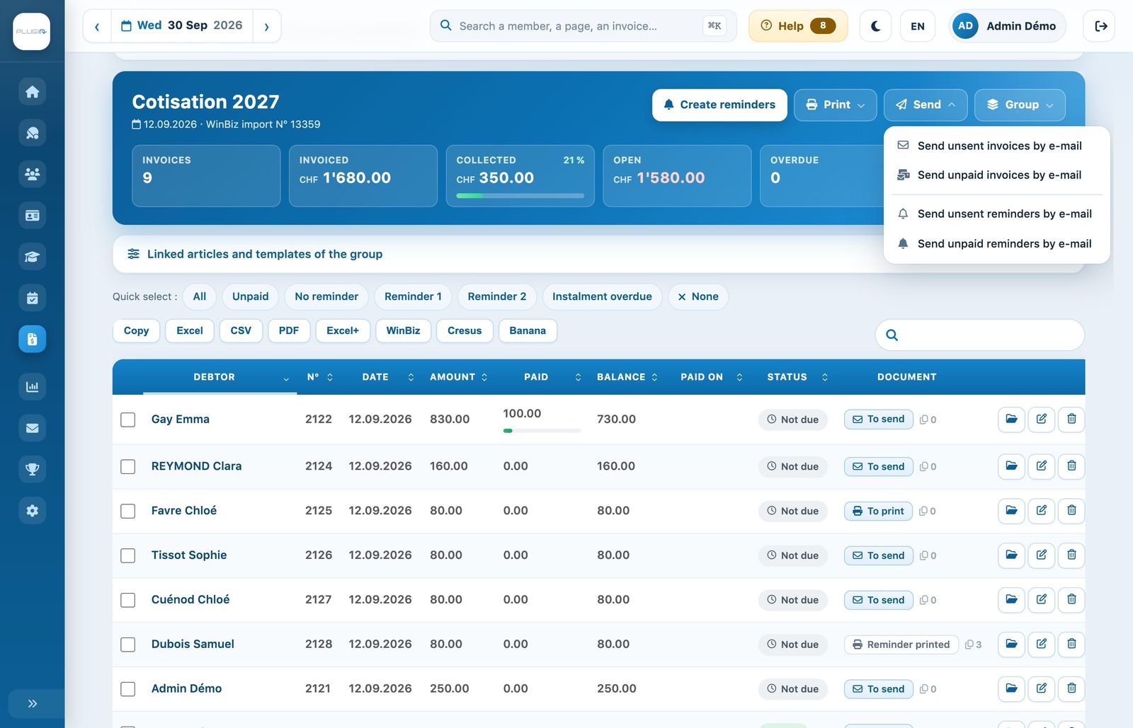 The “Send” menu of an invoice group