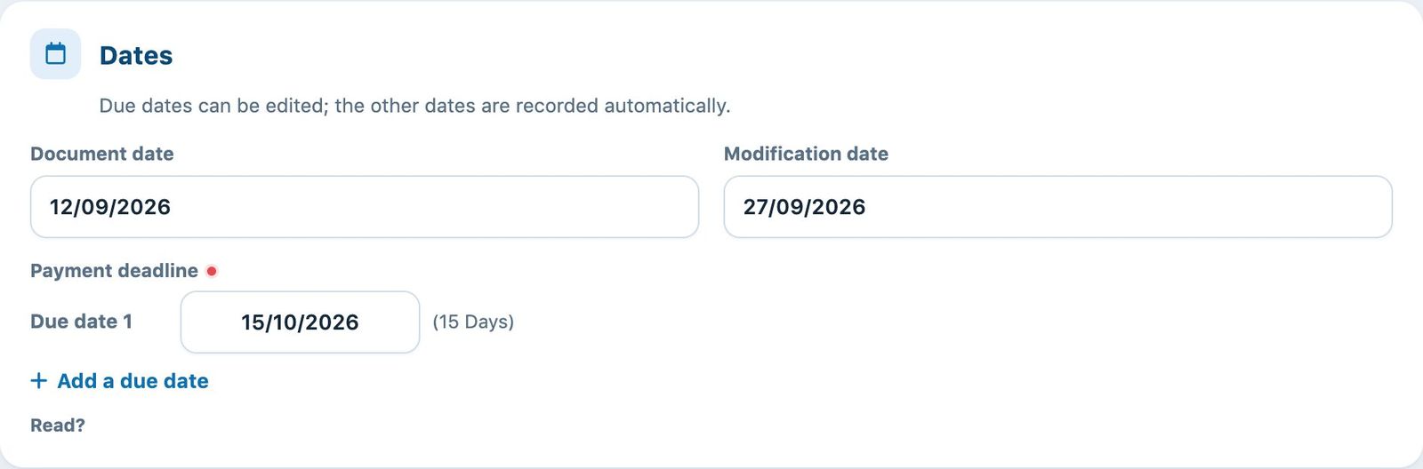 The document date and due dates of the invoice