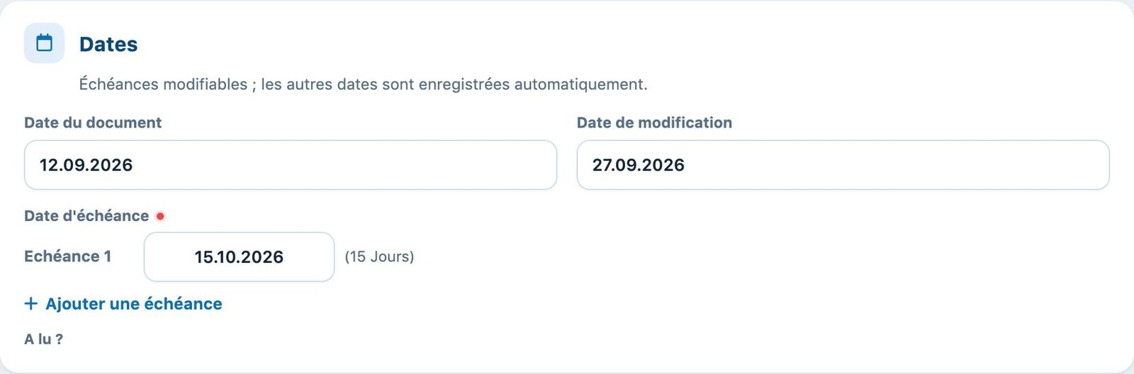 La date du document et les échéances de la facture