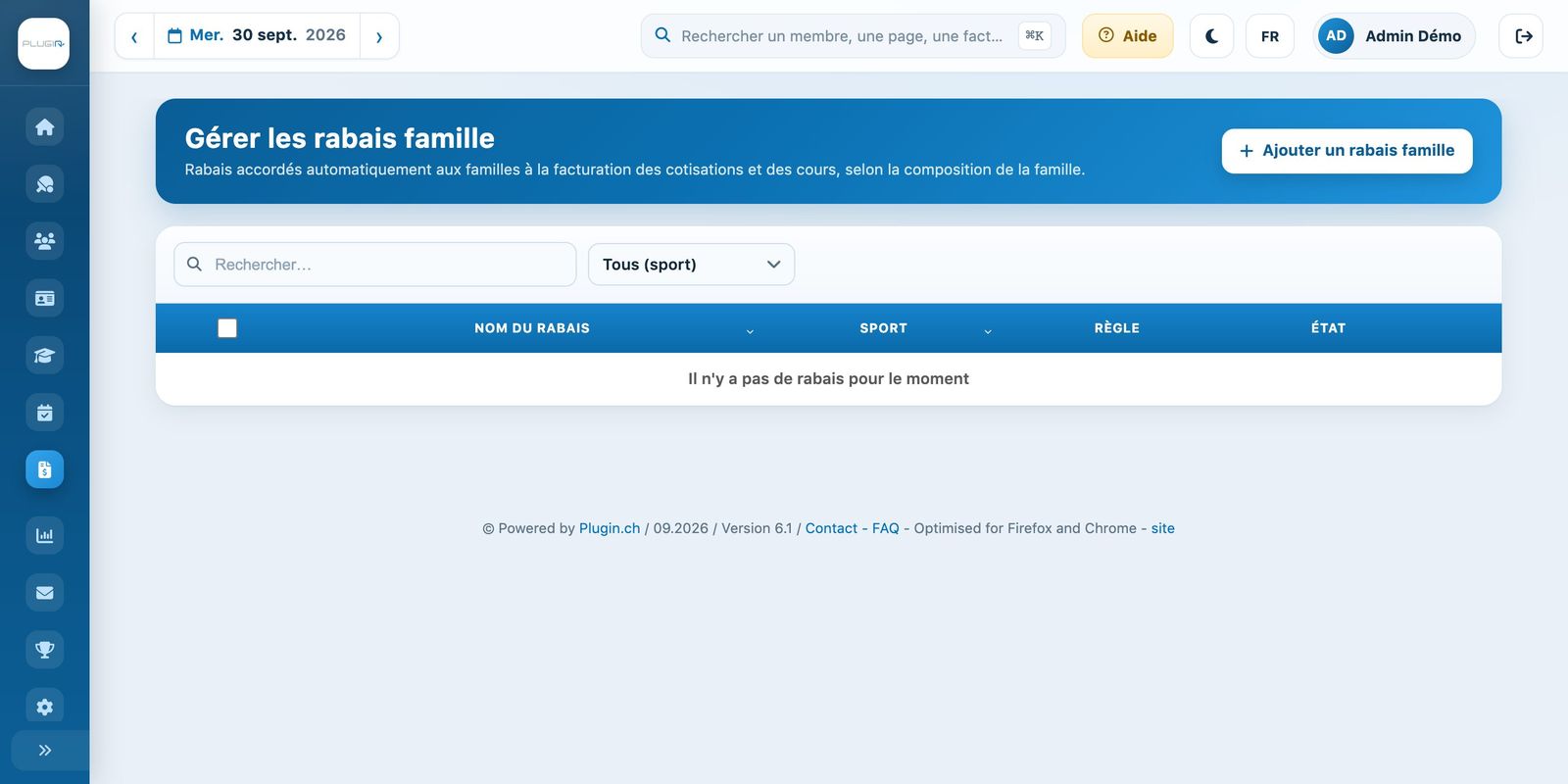La page « Gérer les rabais famille »