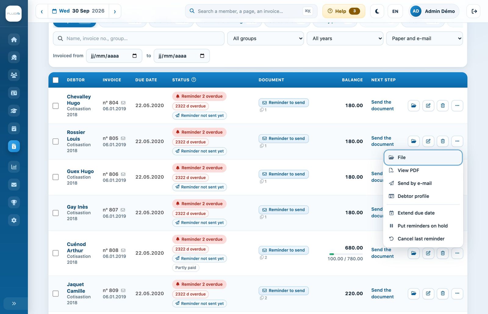 The action menu of an open invoice