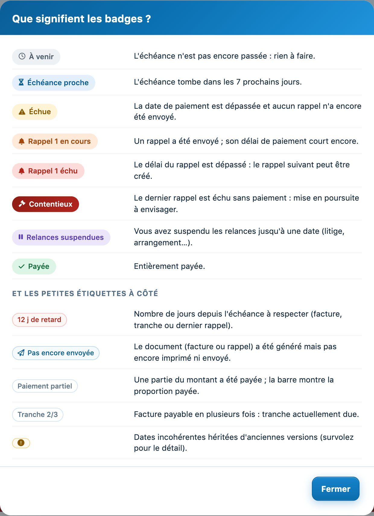 La légende des badges de suivi