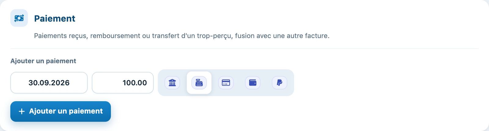 Ajouter un paiement de 100.00 reçu à la caisse