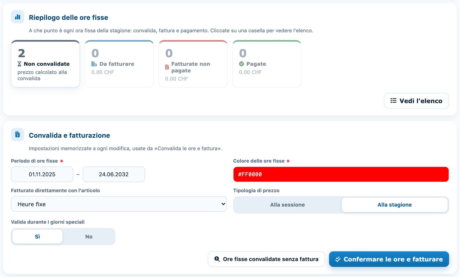 Riepilogo delle ore fisse e impostazioni di convalida