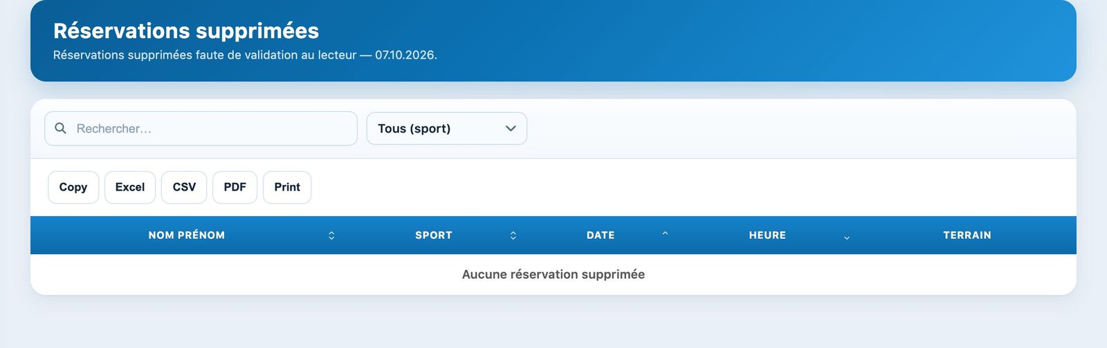 Liste des réservations supprimées faute de validation