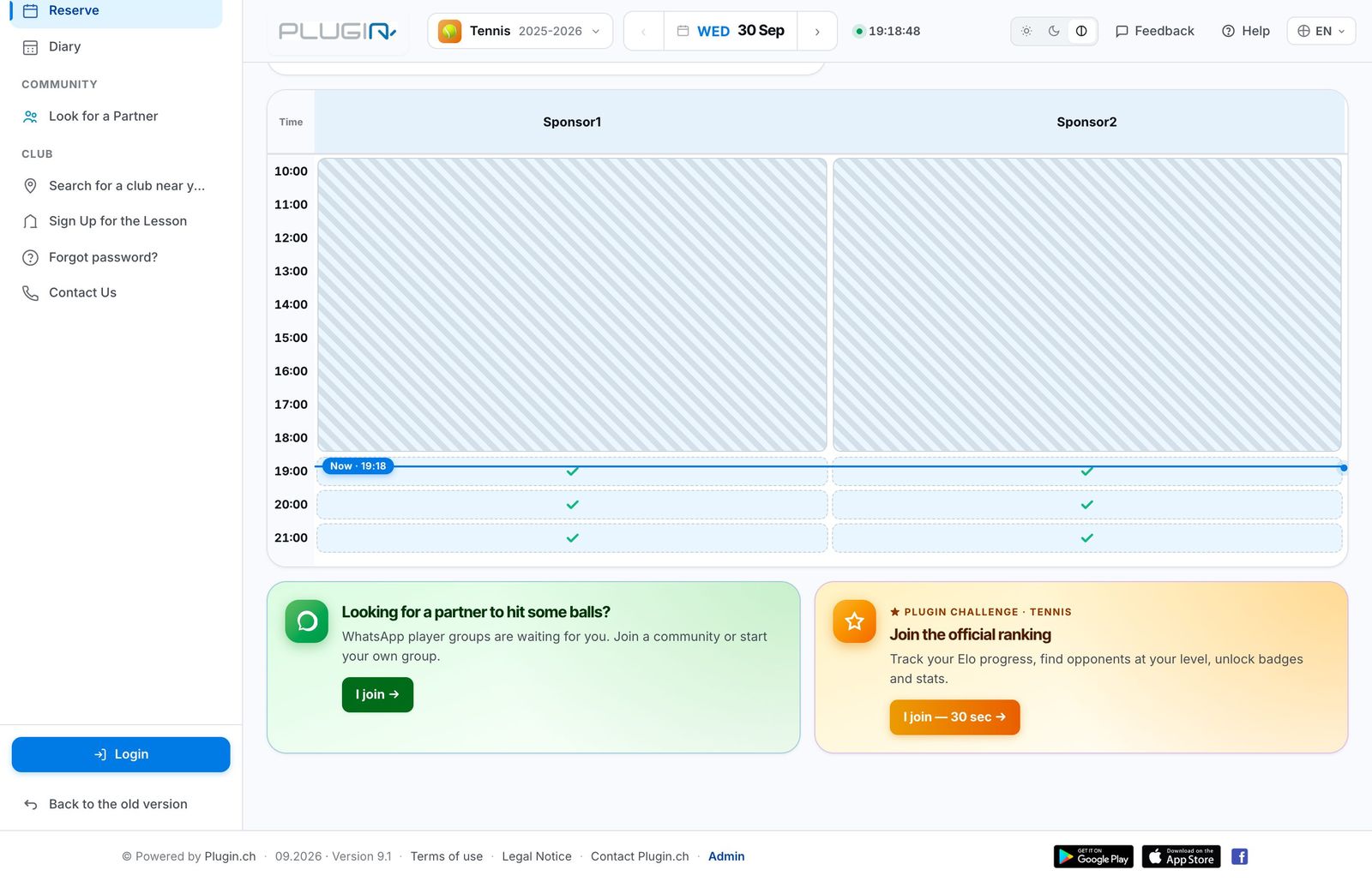 A club's booking site before logging in