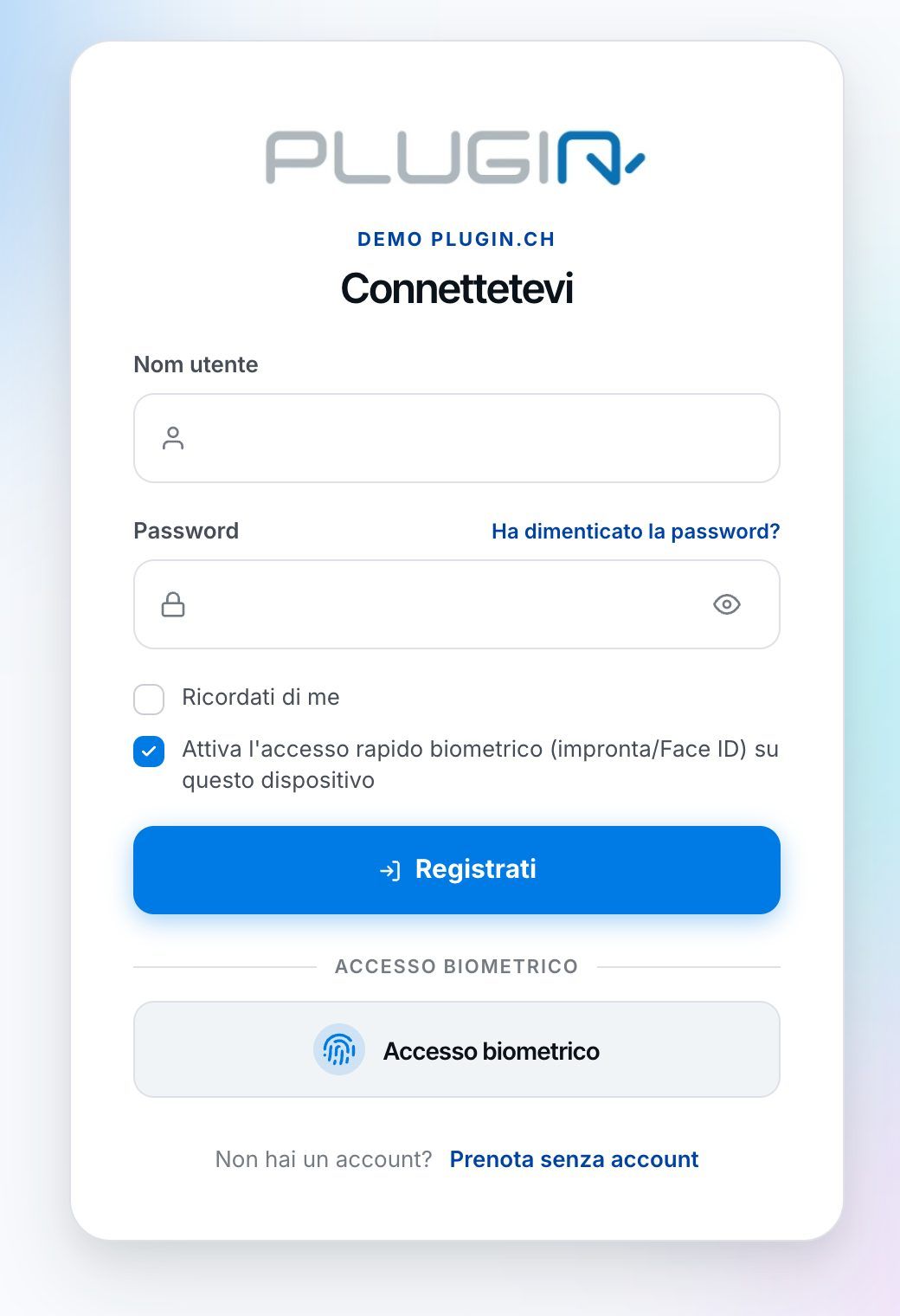La pagina di accesso del club