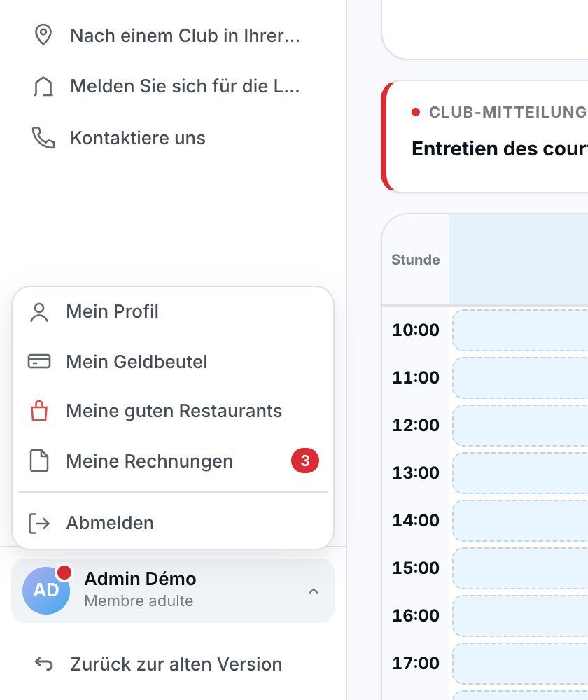 Das Kontomenü unten links